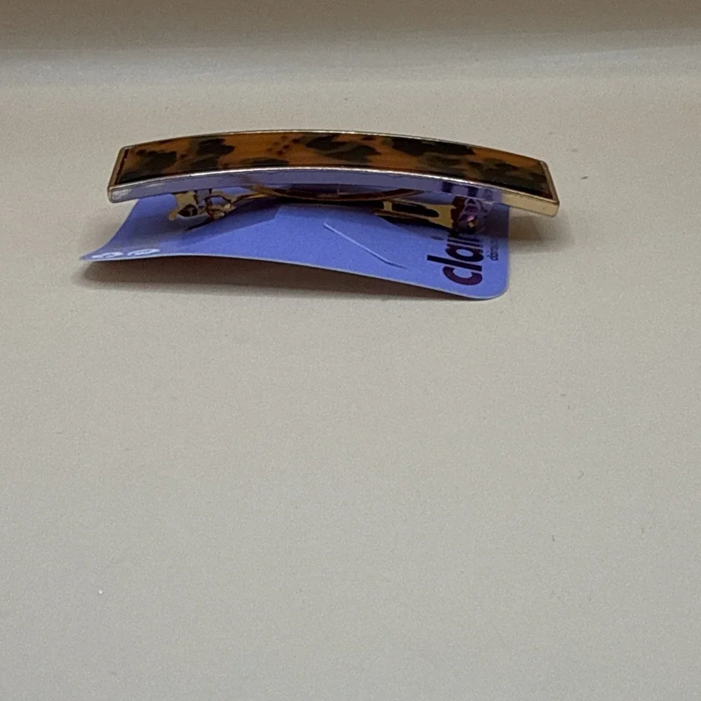 Claire's Rectange Orange Black Cheetah Animal Print Barrette Hair Clip Gold Rim